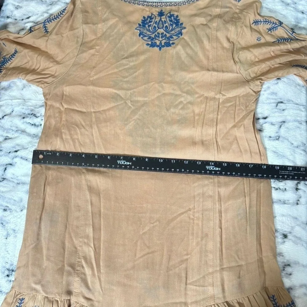 Bohemian Embroidered Dress Sz M Natural Long Sleeve Flowy Relaxed Cottage BOHO - Picture 9 of 11